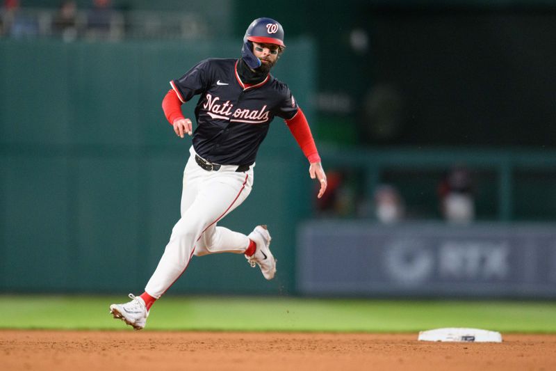 Apr 4, 2024; Washington, District of Columbia, USA; Washington Nationals left fielder Jesse Winker (6) runs to third base during the eighth inning against the Pittsburgh Pirates at Nationals Park. Mandatory Credit: Reggie Hildred-USA TODAY Sports