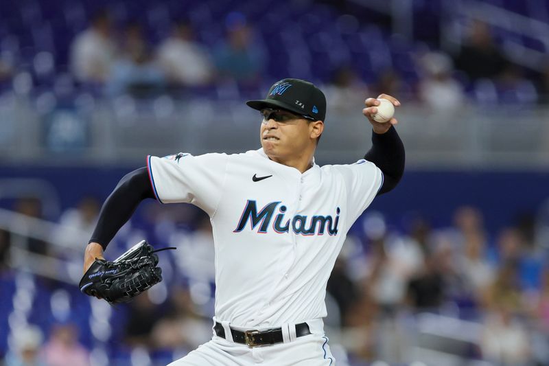 Sep 5, 2023; Miami, Florida, USA; Miami Marlins starting pitcher Jesus Luzardo (44) delivers a pitch against the Los Angeles Dodgers during the first inning at loanDepot Park. Mandatory Credit: Sam Navarro-USA TODAY Sports