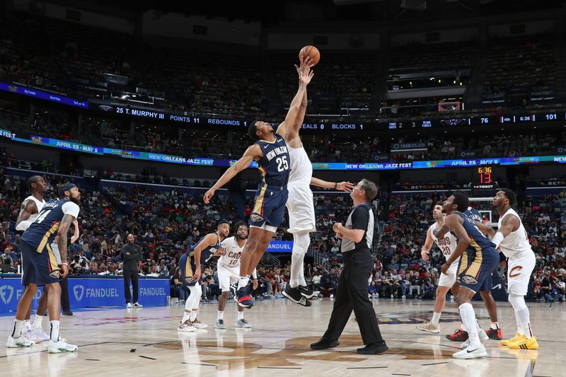 NEW ORLEANS, LA - MARCH 13: Jump ball during the game between the Cleveland Cavaliers and the New Orleans Pelicans on March 13, 2024 at the Smoothie King Center in New Orleans, Louisiana. NOTE TO USER: User expressly acknowledges and agrees that, by downloading and or using this Photograph, user is consenting to the terms and conditions of the Getty Images License Agreement. Mandatory Copyright Notice: Copyright 2024 NBAE (Photo by Layne Murdoch Jr./NBAE via Getty Images)