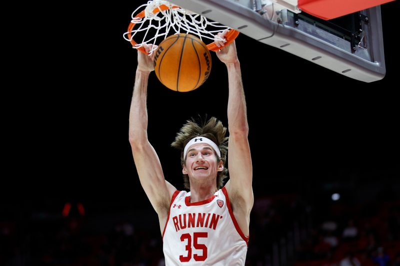 Jan 19, 2023; Salt Lake City, Utah, USA; Utah Utes center Branden Carlson (35) dunks against the Washington State Cougars in the second half at Jon M. Huntsman Center. Mandatory Credit: Jeffrey Swinger-USA TODAY Sports