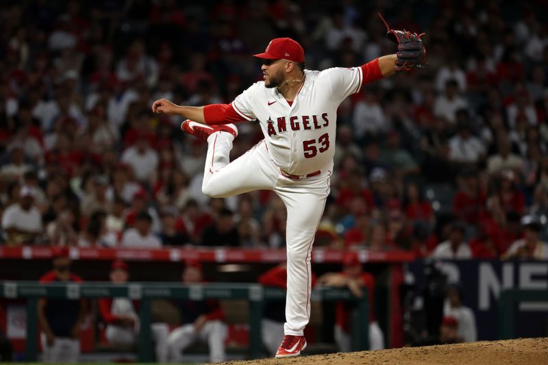 Sep 9, 2023; Anaheim, California, USA;  Los Angeles Angels relief pitcher Carlos Estevez (53) pitches during the ninth inning against the Cleveland Guardians at Angel Stadium. Mandatory Credit: Kiyoshi Mio-USA TODAY Sports