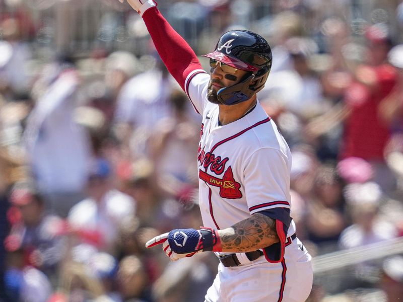 Apr 23, 2023; Cumberland, Georgia, USA; Atlanta Braves left fielder Kevin Pillar (17) reacts as he runs the bases after hitting a home run against the Houston Astros during the fifth inning at Truist Park. Mandatory Credit: Dale Zanine-USA TODAY Sports