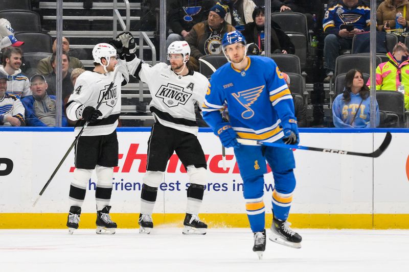 Jan 24, 2026; St. Louis, Missouri, USA; Los Angeles Kings right wing Alex Laferriere (14) is congratulated by right wing Adrian Kempe (9) after scoring against the St. Louis Blues during the second period at Enterprise Center. Mandatory Credit: Jeff Curry-Imagn Images Jan 24, 2026; St. Louis, Missouri, USA; Los Angeles Kings right wing Alex Laferriere (14) is congratulated by right wing Adrian Kempe (9) after scoring against the St. Louis Blues during the second period at Enterprise Center. Mandatory Credit: Jeff Curry-Imagn Images