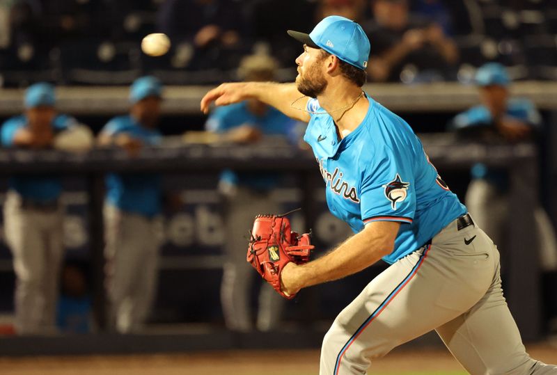 Feb 29, 2024; Tampa, Florida, USA;  Miami Marlins pitcher Anthony Bender (37) throws a pitch during the fourth inning against the New York Yankees at George M. Steinbrenner Field. Mandatory Credit: Kim Klement Neitzel-USA TODAY Sports