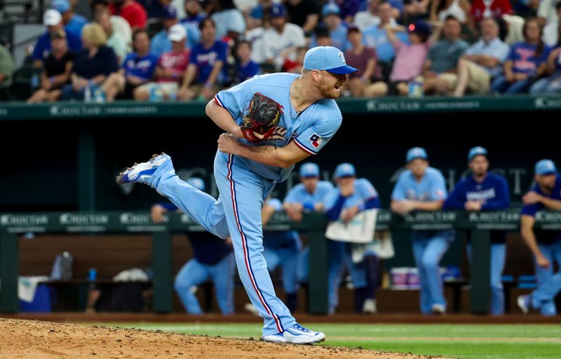 Jul 23, 2023; Arlington, Texas, USA;  Texas Rangers relief pitcher Will Smith (51) throws during the ninth inning against the Los Angeles Dodgers at Globe Life Field. Mandatory Credit: Kevin Jairaj-USA TODAY Sports