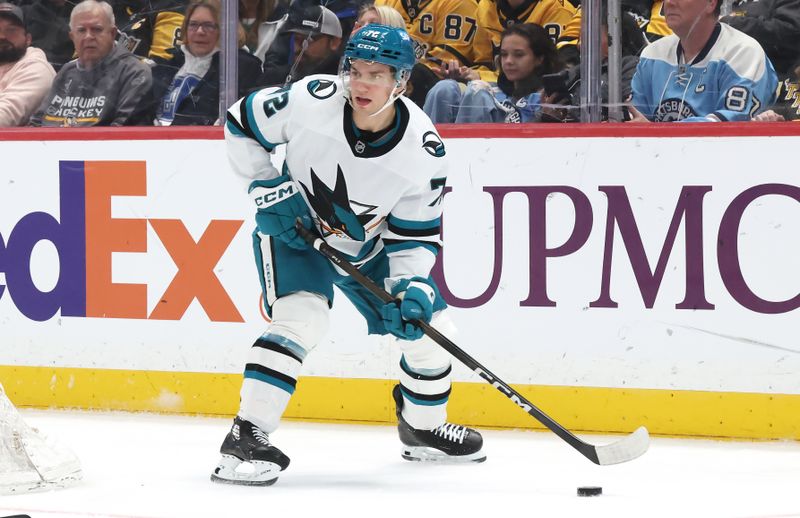 Dec 13, 2025; Pittsburgh, Pennsylvania, USA;  San Jose Sharks left wing William Eklund (72) moves the puck against the Pittsburgh Penguins during the second period at PPG Paints Arena. Mandatory Credit: Charles LeClaire-Imagn Images