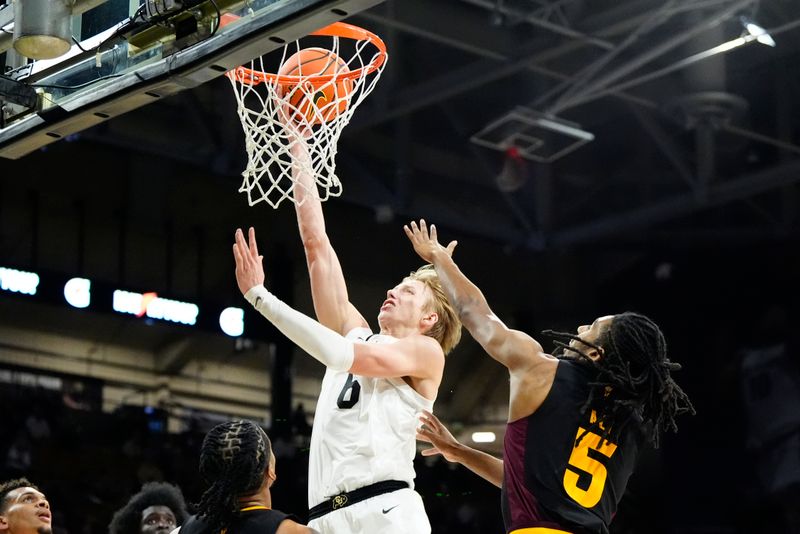 Jan 28, 2025; Boulder, Colorado, USA; Colorado Buffaloes forward Trevor Baskin (6) shoots past Arizona State Sun Devils guard Amier Ali (5) in the second half at CU Events Center. Mandatory Credit: Ron Chenoy-Imagn Images