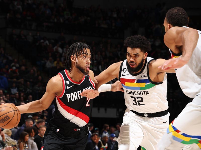 MINNEAPOLIS, MN -  APRIL 2: Trendon Watford #2 of the Portland Trail Blazers drives to the basket during the game against the Minnesota Timberwolves on April 2, 2023 at Target Center in Minneapolis, Minnesota. NOTE TO USER: User expressly acknowledges and agrees that, by downloading and or using this Photograph, user is consenting to the terms and conditions of the Getty Images License Agreement. Mandatory Copyright Notice: Copyright 2023 NBAE (Photo by David Sherman/NBAE via Getty Images)