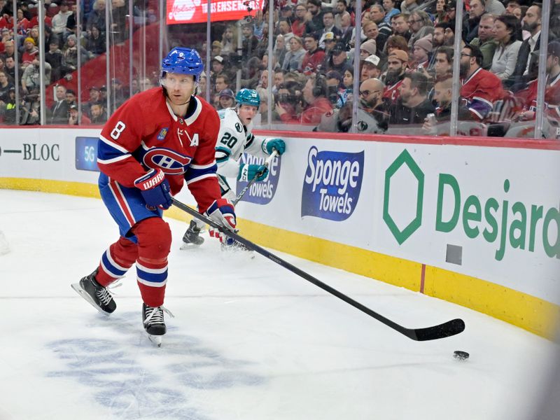 Jan 11, 2024; Montreal, Quebec, CAN; Montreal Canadiens defenseman Mike Matheson (8) plays the puck during the second period of the game against the San Jose Sharks at the Bell Centre. Mandatory Credit: Eric Bolte-USA TODAY Sports