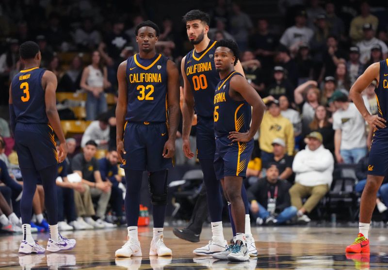 Feb 28, 2024; Boulder, Colorado, USA; California Golden Bears guard Jalen Celestine (32) and teammates huddle during the second half at the CU Events Center. Mandatory Credit: Ron Chenoy-USA TODAY Sports