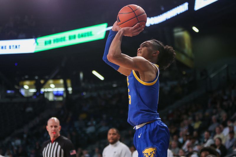 Jan 23, 2024; Atlanta, Georgia, USA; Pittsburgh Panthers guard Jaland Lowe (15) shoots against the Georgia Tech Yellow Jackets in the first half at McCamish Pavilion. Mandatory Credit: Brett Davis-USA TODAY Sports
