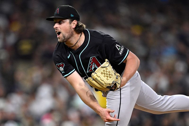 Jul 6, 2024; San Diego, California, USA; Arizona Diamondbacks relief pitcher Kevin Ginkel (37) pitches against the San Diego Padres during the sixth inning at Petco Park. Mandatory Credit: Orlando Ramirez-USA TODAY Sports