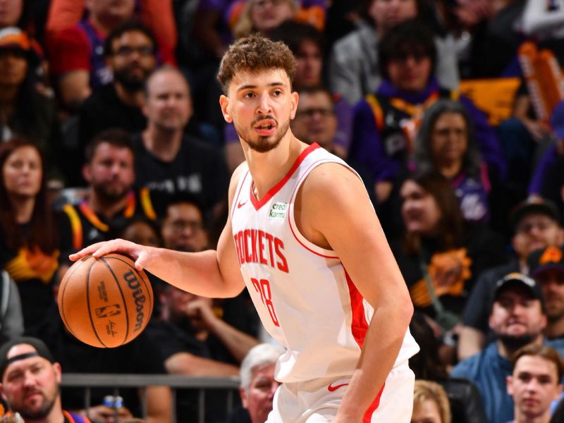 PHOENIX, AZ - MARCH 2: Alperen Sengun #28 of the Houston Rockets dribbles the ball during the game against the Phoenix Suns on March 2, 2024 at Footprint Center in Phoenix, Arizona. NOTE TO USER: User expressly acknowledges and agrees that, by downloading and or using this photograph, user is consenting to the terms and conditions of the Getty Images License Agreement. Mandatory Copyright Notice: Copyright 2024 NBAE (Photo by Barry Gossage/NBAE via Getty Images)