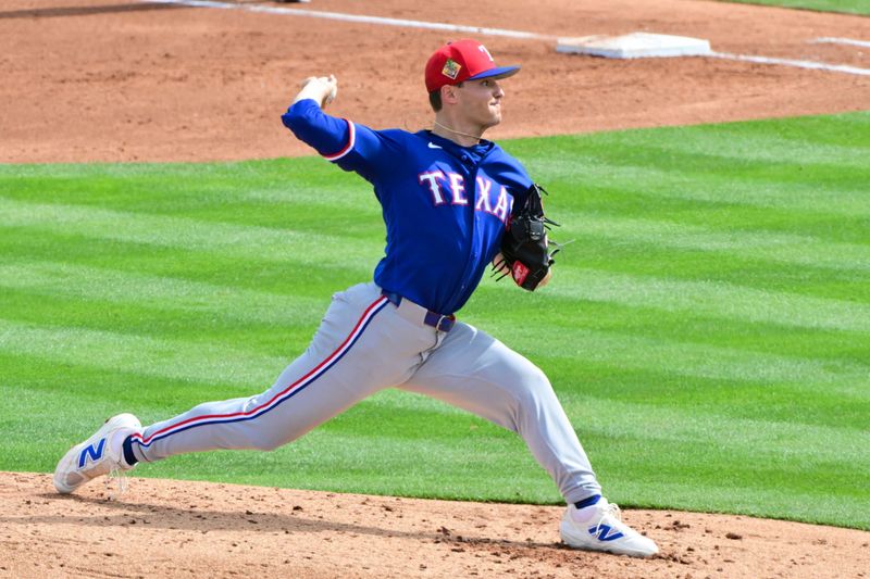 Feb 23, 2026; Tempe, Arizona, USA;  Texas Rangers pitcher Jack Leiter (22) throws in the second inning against the Los Angeles Angels during a spring training game at Tempe Diablo Stadium. Mandatory Credit: Matt Kartozian-Imagn Images