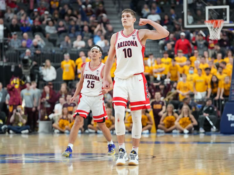 Mar 10, 2023; Las Vegas, NV, USA; Arizona Wildcats forward Azuolas Tubelis (10) celebrates after a dunk against the Arizona State Sun Devils during the second half at T-Mobile Arena. Mandatory Credit: Stephen R. Sylvanie-USA TODAY Sports