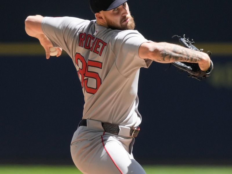 May 26, 2025; Milwaukee, Wisconsin, USA;  Boston Red Sox pitcher Garrett Crochet (35) throws a pitch during the first inning against the Milwaukee Brewers at American Family Field. Mandatory Credit: Jeff Hanisch-Imagn Images
