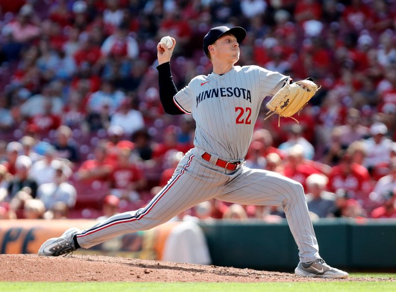 Sep 20, 2023; Cincinnati, Ohio, USA; Minnesota Twins relief pitcher Griffin Jax (22) throws Cincinnati Reds during the ninth inning at Great American Ball Park. Mandatory Credit: David Kohl-USA TODAY Sports