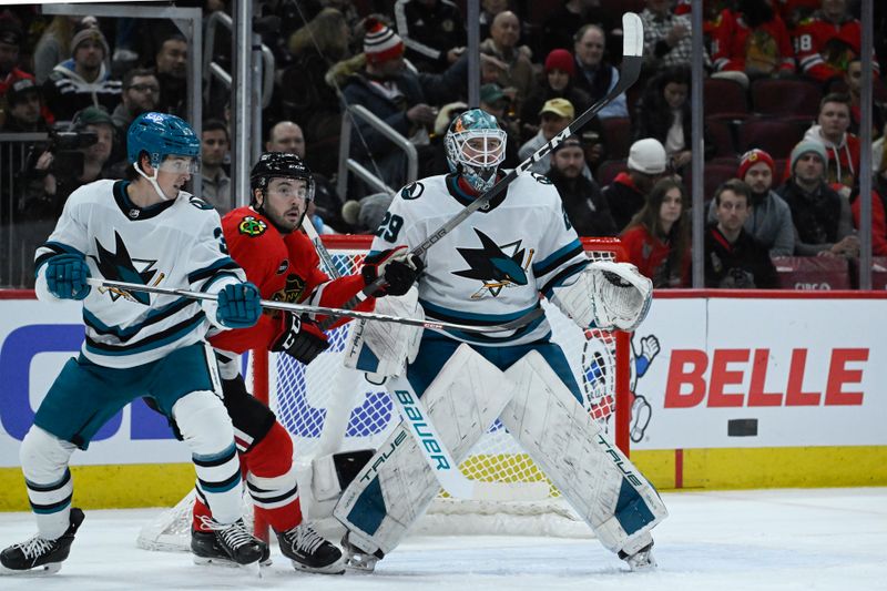 Jan 16, 2024; Chicago, Illinois, USA; San Jose Sharks goaltender Mackenzie Blackwood (29) looks on against the Chicago Blackhawks during the first period at United Center. Mandatory Credit: Matt Marton-USA TODAY Sports