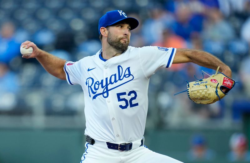 Apr 23, 2024; Kansas City, Missouri, USA; Kansas City Royals pitcher Michael Wacha (52) pitches during the first inning against the Toronto Blue Jays at Kauffman Stadium. Mandatory Credit: Jay Biggerstaff-USA TODAY Sports