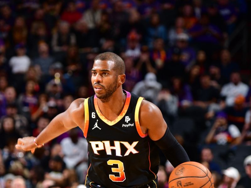 PHOENIX, AZ - NOVEMBER 4: Chris Paul #3 of the Phoenix Suns dribbles the ball during the game against the Portland Trail Blazers on November 4, 2022 at Footprint Center in Phoenix, Arizona. NOTE TO USER: User expressly acknowledges and agrees that, by downloading and or using this photograph, user is consenting to the terms and conditions of the Getty Images License Agreement. Mandatory Copyright Notice: Copyright 2022 NBAE (Photo by Barry Gossage/NBAE via Getty Images)