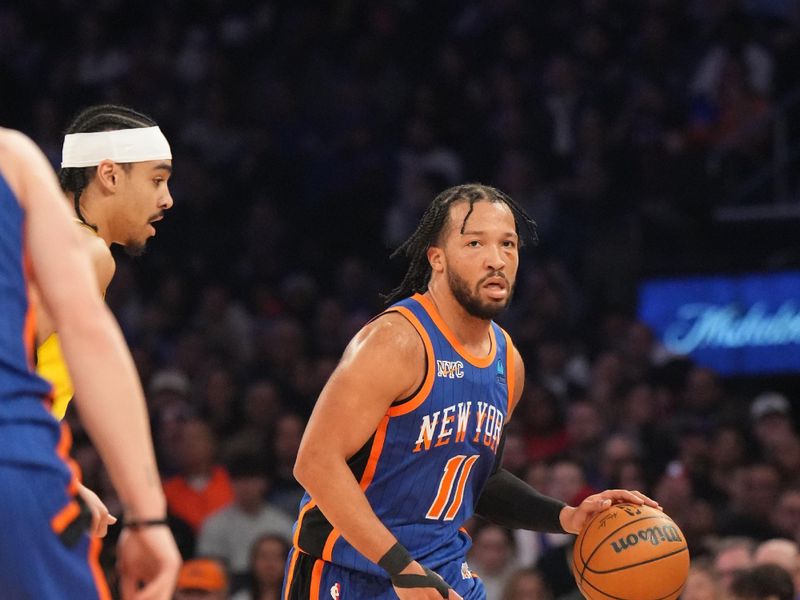 NEW YORK, NY - FEBRUARY 10: Jalen Brunson #11 of the New York Knicks dribbles the ball during the game against the Indiana Pacers on February 10, 2024 at Madison Square Garden in New York City, New York.  NOTE TO USER: User expressly acknowledges and agrees that, by downloading and or using this photograph, User is consenting to the terms and conditions of the Getty Images License Agreement. Mandatory Copyright Notice: Copyright 2024 NBAE  (Photo by Jesse D. Garrabrant/NBAE via Getty Images)