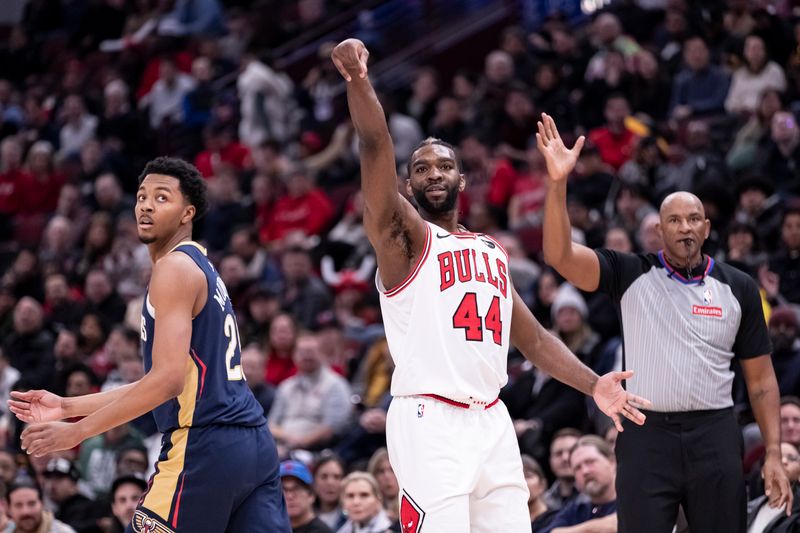 CHICAGO, ILLINOIS - JANUARY 14: Patrick Williams #44 of the Chicago Bulls shoots a three-pointer during the first half  against the New Orleans Pelicans at the United Center on January 14, 2025 in Chicago, Illinois. NOTE TO USER: User expressly acknowledges and agrees that, by downloading and or using this Photograph, user is consenting to the terms and conditions of the Getty Images License Agreement. (Photo by Griffin Quinn/Getty Images)