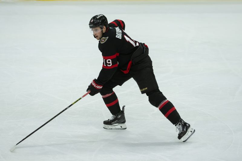 Nov 14, 2024; Ottawa, Ontario, CAN; Ottawa Senators right wing Drake Batherson (19) skates in the third period against the Philadelphia Flyers at the Canadian Tire Centre. Mandatory Credit: Marc DesRosiers-Imagn Images