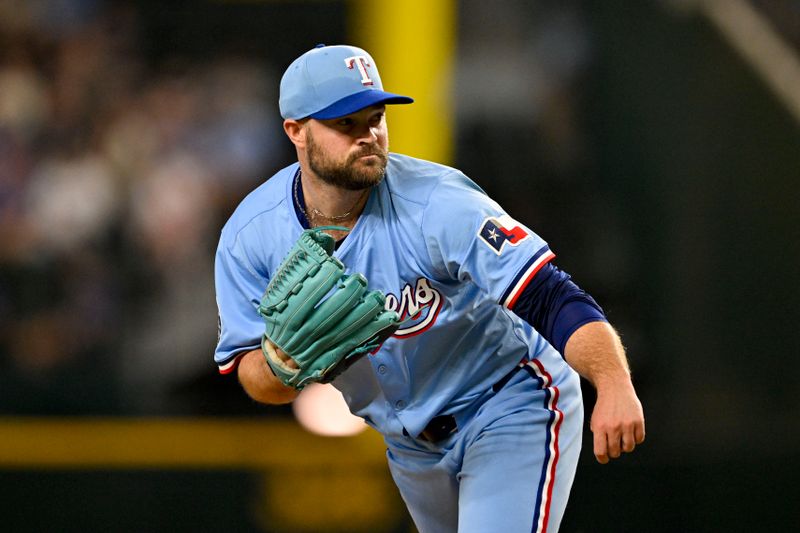 Aug 24, 2025; Arlington, Texas, USA; Texas Rangers relief pitcher Danny Coulombe (54) pitches against the Cleveland Guardians during the eighth inning at Globe Life Field. Mandatory Credit: Jerome Miron-Imagn Images