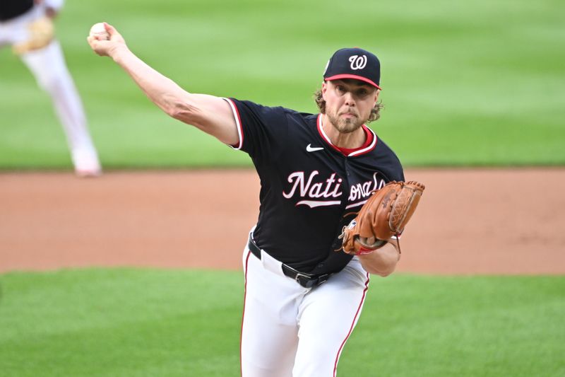 Jun 5, 2025; Washington, District of Columbia, USA; Washington Nationals starting pitcher Jake Irvin (27) throws a pitch during the first inning against the Chicago Cubs at Nationals Park. Mandatory Credit: Rafael Suanes-Imagn Images