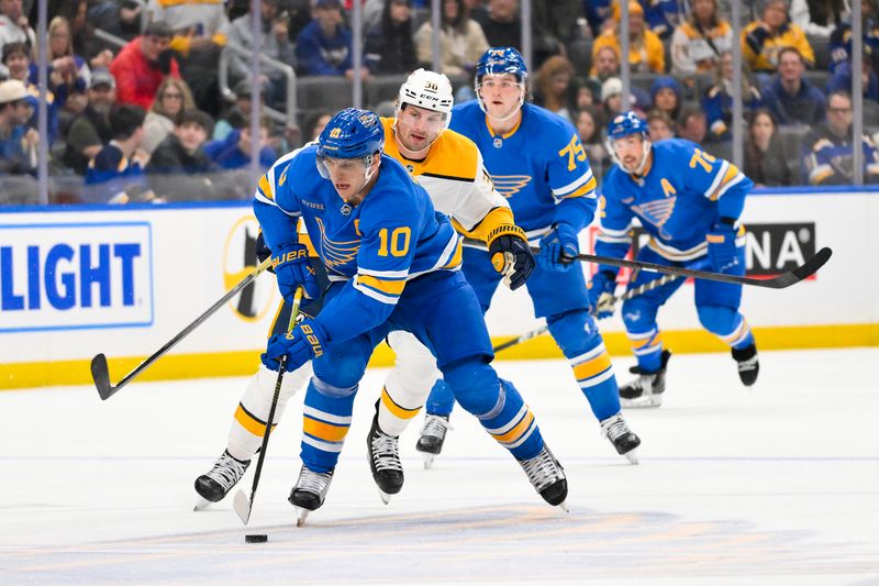 Dec 27, 2025; St. Louis, Missouri, USA; St. Louis Blues center Brayden Schenn (10) controls the puck against the Nashville Predators during the second period at Enterprise Center. Mandatory Credit: Jeff Curry-Imagn Images