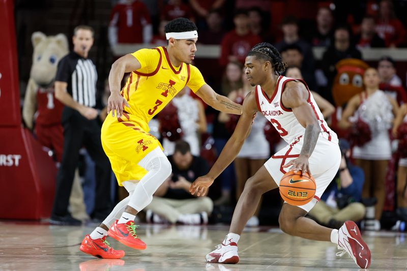 Jan 6, 2024; Norman, Oklahoma, USA; Oklahoma Sooners guard Otega Oweh (3) drives to the basket against Iowa State Cyclones guard Tamin Lipsey (3) during the first half at Lloyd Noble Center. Mandatory Credit: Alonzo Adams-USA TODAY Sports