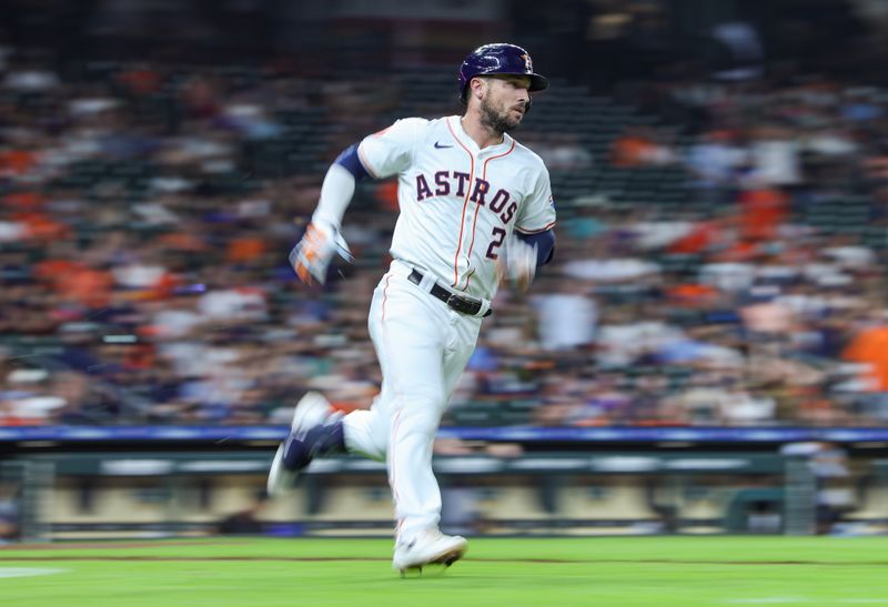 Jul 10, 2024; Houston, Texas, USA; Houston Astros third baseman Alex Bregman (2) runs to first base on a single during the sixth inning against the Miami Marlins at Minute Maid Park. Mandatory Credit: Troy Taormina-USA TODAY Sports