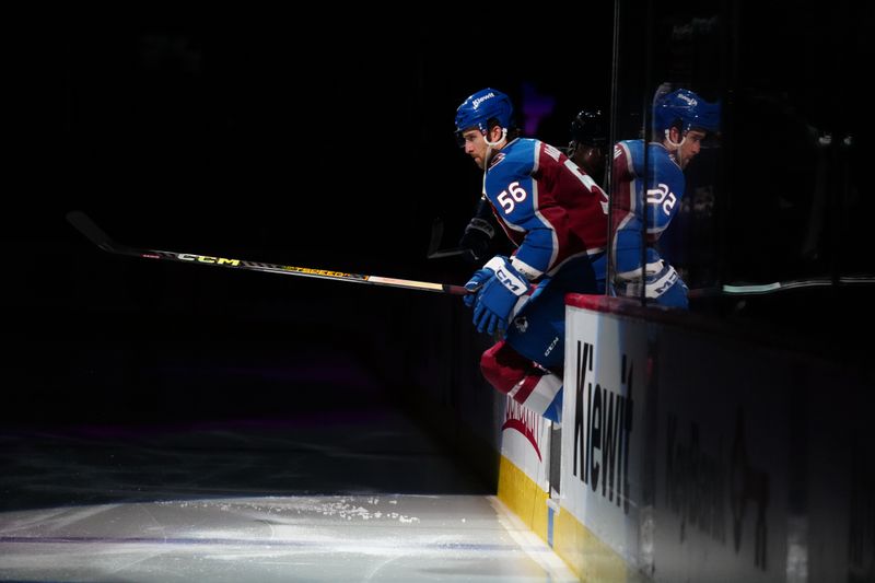 Jan 10, 2024; Denver, Colorado, USA; Colorado Avalanche defenseman Kurtis MacDermid (56) before the game against the Vegas Golden Knights at Ball Arena. Mandatory Credit: Ron Chenoy-USA TODAY Sports