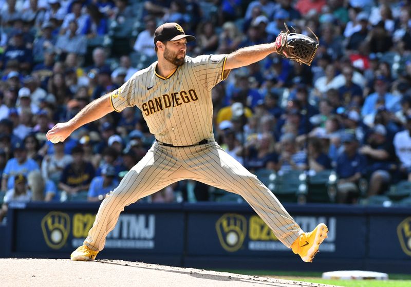 Aug 27, 2023; Milwaukee, Wisconsin, USA; San Diego Padres starting pitcher Michael Wacha (52) delivers a pitch against the Milwaukee Brewers in the first inning at American Family Field. Mandatory Credit: Michael McLoone-USA TODAY Sports