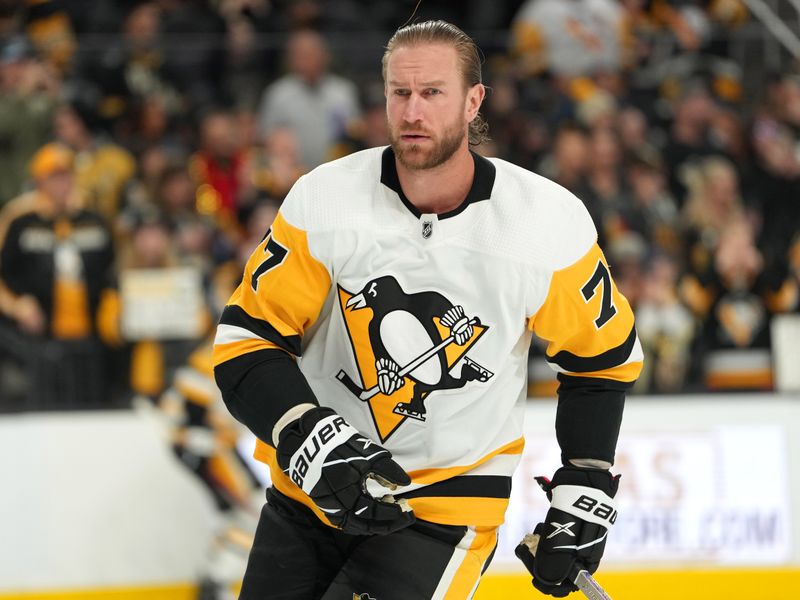 Jan 5, 2023; Las Vegas, Nevada, USA; Pittsburgh Penguins center Jeff Carter (77) warms up before a game against the Vegas Golden Knights at T-Mobile Arena. Mandatory Credit: Stephen R. Sylvanie-USA TODAY Sports