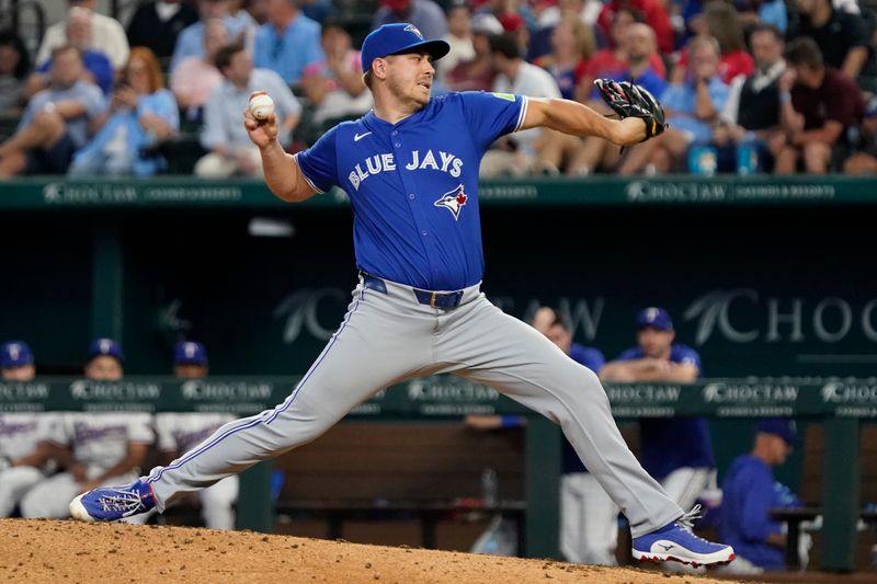 Sep 19, 2024; Arlington, Texas, USA; Toronto Blue Jays pitcher Erik Swanson (50) throws to the plate during the eighth inning against the Texas Rangers at Globe Life Field. Mandatory Credit: Raymond Carlin III-Imagn Images