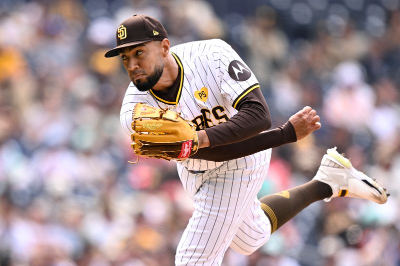 May 1, 2024; San Diego, California, USA; San Diego Padres relief pitcher Robert Suarez (75) throws a pitch against the Cincinnati Reds during the ninth inning at Petco Park. Mandatory Credit: Orlando Ramirez-USA TODAY Sports