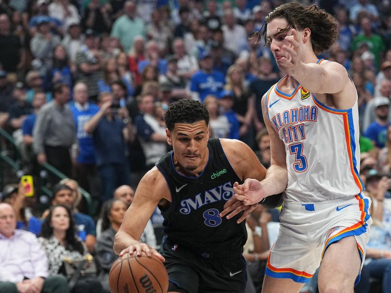 DALLAS, TX - MAY 18:  Josh Green #8 of the Dallas Mavericks goes to the basket during the game against the Oklahoma City Thunder during Round 2 Game 6 of the 2024 NBA Playoffs  on May 18, 2024  at the American Airlines Center in Dallas, Texas. NOTE TO USER: User expressly acknowledges and agrees that, by downloading and or using this photograph, User is consenting to the terms and conditions of the Getty Images License Agreement. Mandatory Copyright Notice: Copyright 2024 NBAE (Photo by Glenn James/NBAE via Getty Images)