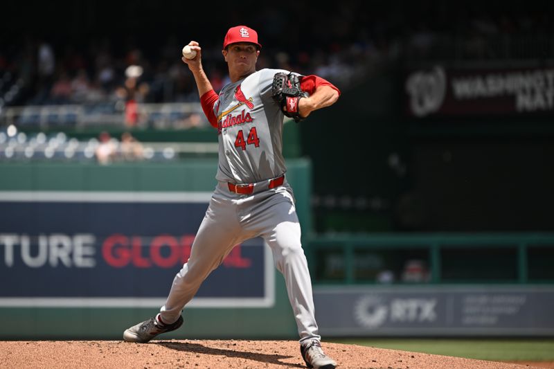 Jul 7, 2024; Washington, District of Columbia, USA; St. Louis Cardinals starting pitcher Kyle Gibson (44) throws a pitch against the Washington Nationals during the second inning at Nationals Park. Mandatory Credit: Rafael Suanes-USA TODAY Sports