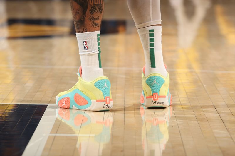 INDIANAPOLIS, IN - MAY 27: The sneakers worn by Jayson Tatum #0 of the Boston Celtics during the game against the Indiana Pacers during Game 4 of the Eastern Conference Finals of the 2024 NBA Playoffs on May 27, 2024 at Gainbridge Fieldhouse in Indianapolis, Indiana. NOTE TO USER: User expressly acknowledges and agrees that, by downloading and or using this Photograph, user is consenting to the terms and conditions of the Getty Images License Agreement. Mandatory Copyright Notice: Copyright 2024 NBAE (Photo by Nathaniel S. Butler/NBAE via Getty Images)