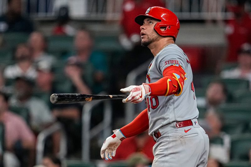 Sep 6, 2023; Cumberland, Georgia, USA; St. Louis Cardinals catcher Willson Contreras (40) watches the ball after hitting a home run against the Atlanta Braves during the seventh inning at Truist Park. Mandatory Credit: Dale Zanine-USA TODAY Sports