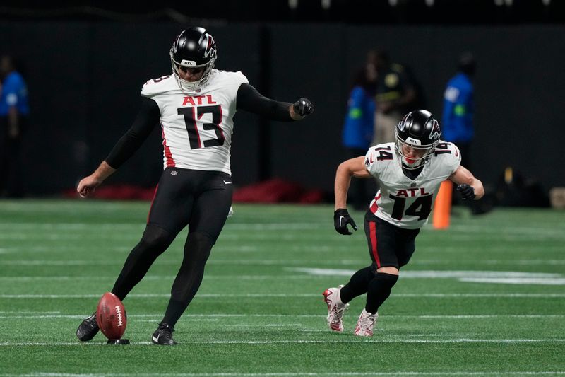 Atlanta Falcons punter Bradley Pinion (13) kicks off in the first half of an NFL football game against the Pittsburgh Steelers in Atlanta, Thursday, Aug. 24, 2023. (AP Photo/Gerald Herbert)