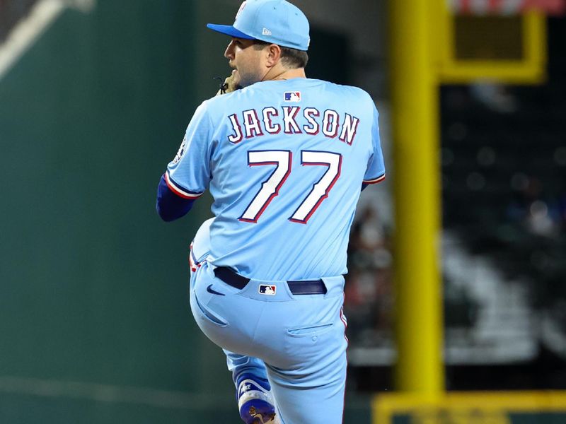 Jun 1, 2025; Arlington, Texas, USA; Texas Rangers relief pitcher Luke Jackson (77) throws during the ninth inning against the St. Louis Cardinals at Globe Life Field. Mandatory Credit: Kevin Jairaj-Imagn Images