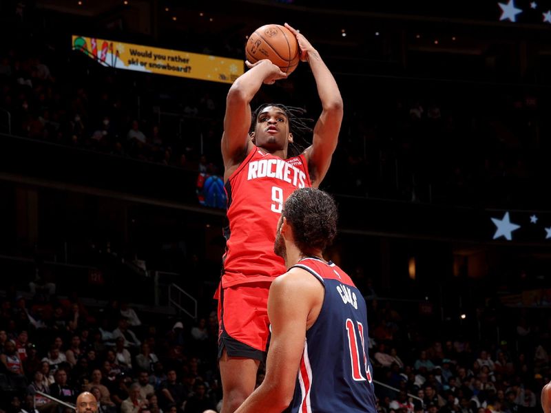 WASHINGTON, DC -? APRIL 9: Josh Christopher #9 of the Houston Rockets shoots the ball during the game against the Washington Wizards  on April 9, 2023 at Capital One Arena in Washington, DC. NOTE TO USER: User expressly acknowledges and agrees that, by downloading and or using this Photograph, user is consenting to the terms and conditions of the Getty Images License Agreement. Mandatory Copyright Notice: Copyright 2023 NBAE (Photo by Stephen Gosling/NBAE via Getty Images)