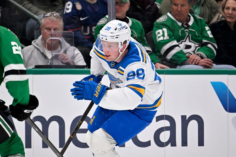 Jan 23, 2026; Dallas, Texas, USA; St. Louis Blues center Otto Stenberg (28) chases the puck in the Dallas Stars zone during the first period at the American Airlines Center. Mandatory Credit: Jerome Miron-Imagn Images