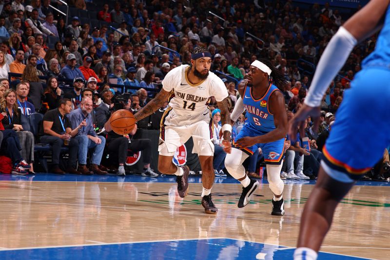 OKLAHOMA CITY, OK - NOVEMBER 13:  Brandon Ingram #14 of the New Orleans Pelicans drives to the basket during the game against the Oklahoma City Thunder on November 13, 2024 at Paycom Center in Oklahoma City, Oklahoma. NOTE TO USER: User expressly acknowledges and agrees that, by downloading and or using this photograph, User is consenting to the terms and conditions of the Getty Images License Agreement. Mandatory Copyright Notice: Copyright 2024 NBAE (Photo by Zach Beeker/NBAE via Getty Images)