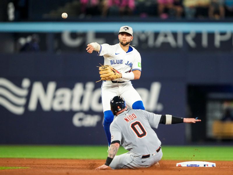 May 17, 2025; Toronto, Ontario, CAN; Toronto Blue Jays shortstop Bo Bichette (11) turns a double play over Detroit Tigers catcher Tomás Nido (0) during the fifth inning in their MLB game at Rogers Centre. Mandatory Credit: Kevin Sousa-Imagn Images