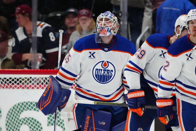 Mar 10, 2026; Denver, Colorado, USA; Edmonton Oilers goaltender Tristan Jarry (35) following the win against the Colorado Avalanche at Ball Arena. Mandatory Credit: Ron Chenoy-Imagn Images