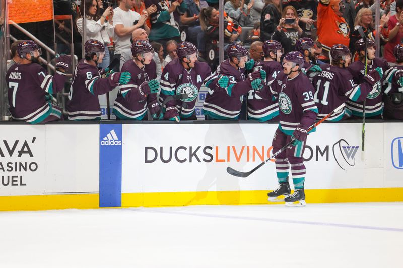 Oct 15, 2023; Anaheim, California, USA; Anaheim Ducks Center Sam Carrick (39) celebrates after scoring a goal in the first period at Honda Center. Mandatory Credit: Yannick Peterhans-USA TODAY Sports