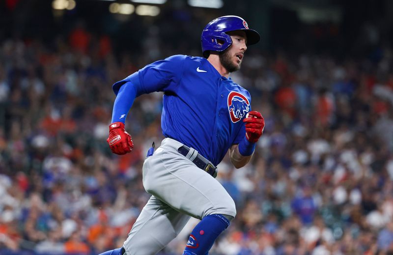 May 17, 2023; Houston, Texas, USA; Chicago Cubs second baseman Miles Mastrobuoni (20) runs to first base on a double during the second inning against the Houston Astros at Minute Maid Park. Mandatory Credit: Troy Taormina-USA TODAY Sports